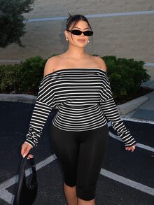SHEIN SXY Women Chic Cold Shoulder Casual Striped Blouses,Going Out - Black and White - View 3