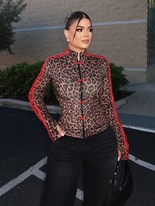 SHEIN SXY Women's Leopard Print Frog Button Front Long Sleeve Regular Jacket - Multicolor - View 1