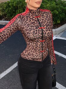 SHEIN SXY Women's Leopard Print Frog Button Front Long Sleeve Regular Jacket - Multicolor - View 5