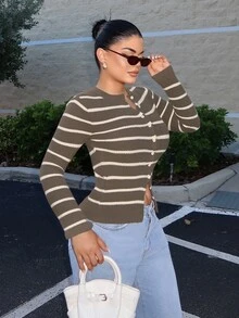 SHEIN SXY Women's Vintage Versatile Button Striped Contrast Color Knit Cardigan - Multicolor - View 5