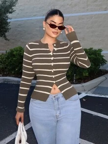 SHEIN SXY Women's Vintage Versatile Button Striped Contrast Color Knit Cardigan - Multicolor - View 3