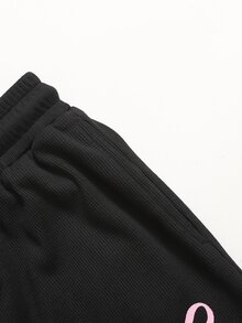 SHEIN 少女蝴蝶结印花圆领短袖T恤和阔腿裤休闲套装 - 黑色 - 查看 5