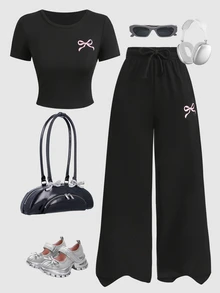 SHEIN 少女蝴蝶结印花圆领短袖T恤和阔腿裤休闲套装 - 黑色 - 查看 2