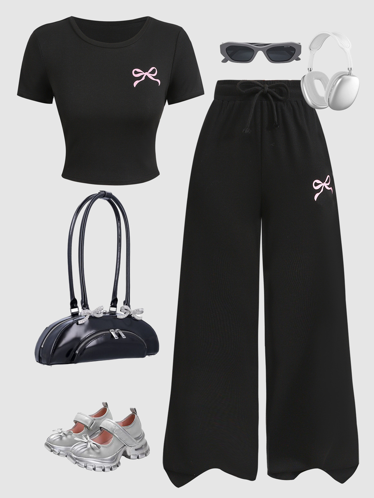 SHEIN 少女蝴蝶结印花圆领短袖T恤和阔腿裤休闲套装 - 黑色 - 查看 2