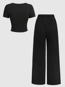 SHEIN 少女蝴蝶结印花圆领短袖T恤和阔腿裤休闲套装 - 黑色 - 查看 3