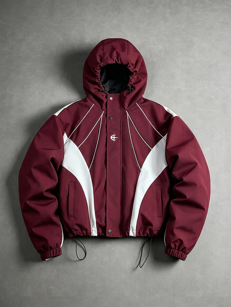 Manfinity EMRG Men's Casual Daily Colorblock Print Zip-Up Hoodie Jacket - Burgundy - View 1