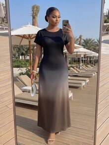 SHEIN Lady CURVE 大尺碼女款黑色圓領短袖休閒優雅洋裝 正式早午餐夏季正式洋裝 - 彩色 - 查看 5