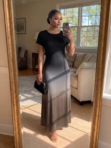 SHEIN Lady CURVE 大尺碼女款黑色圓領短袖休閒優雅洋裝 正式早午餐夏季正式洋裝 - 彩色 - 查看 1