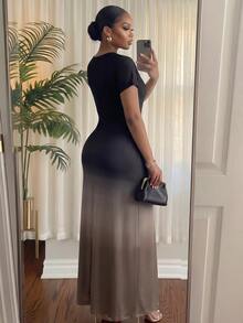 SHEIN Lady CURVE 大尺碼女款黑色圓領短袖休閒優雅洋裝 正式早午餐夏季正式洋裝 - 彩色 - 查看 2