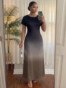SHEIN Lady CURVE 大尺碼女款黑色圓領短袖休閒優雅洋裝 正式早午餐夏季正式洋裝 - 彩色 - 查看 3
