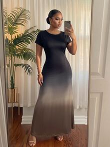 SHEIN Lady CURVE 大尺碼女款黑色圓領短袖休閒優雅洋裝 正式早午餐夏季正式洋裝 - 彩色 - 查看 4