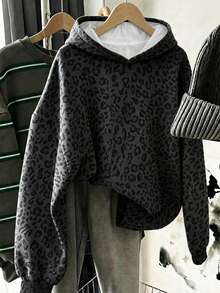 大學風復古黑色豹紋，青少年女孩休閒極簡寬鬆圓領舒適長袖衛衣，適合秋冬/春夏，適用於日常通勤、約會、派對、聖誕節、新年、感恩節、婚禮、海灘、畢業典禮，時尚優雅休閒出遊約會 - 白色 - 查看 1