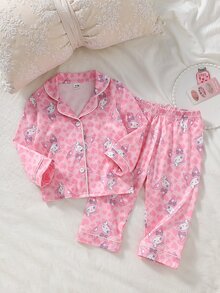 SHEIN 女嬰甜美可愛優雅親膚柔軟休閒日常睡眠出院粉色愛心蝴蝶結兔子卡通印花秋冬開襟毛衣 - 淺粉色 - 查看 1