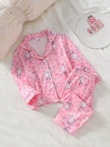 SHEIN 女嬰甜美可愛優雅親膚柔軟休閒日常睡眠出院粉色愛心蝴蝶結兔子卡通印花秋冬開襟毛衣 - 淺粉色 - 查看 3