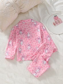 SHEIN 女嬰甜美可愛優雅親膚柔軟休閒日常睡眠出院粉色愛心蝴蝶結兔子卡通印花秋冬開襟毛衣 - 淺粉色 - 查看 2