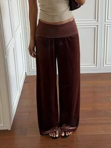 SHEIN EZwear 休閒通勤棕色天鵝絨女款長褲 - 摩卡棕 - 查看 3