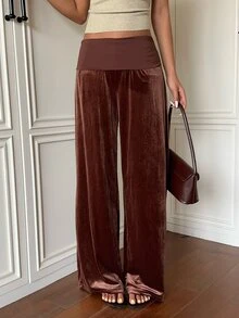 SHEIN EZwear 休閒通勤棕色天鵝絨女款長褲 - 摩卡棕 - 查看 5