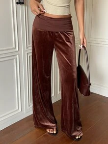 SHEIN EZwear 休閒通勤棕色天鵝絨女款長褲 - 摩卡棕 - 查看 4