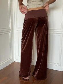 SHEIN EZwear 休閒通勤棕色天鵝絨女款長褲 - 摩卡棕 - 查看 2