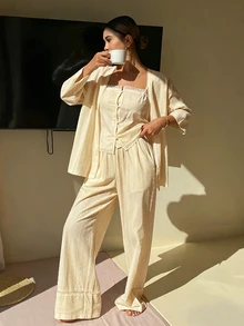DAZY 女士三件套度假风波点纹理蕾丝拼接吊带背心、外套和长裤睡衣套装 - 米色 - 查看 5