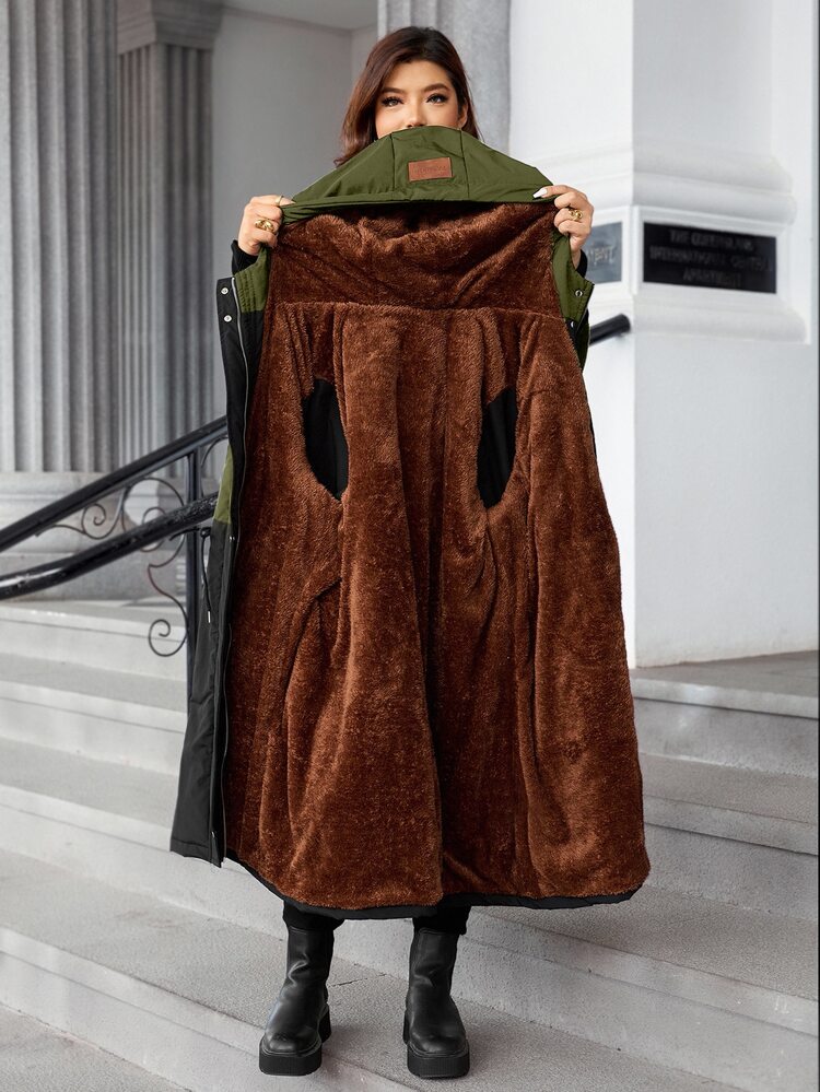 Easura Fashion Casual Vintage Elegant Comfortable Colorblock Patchwork Waist-Cinching Slimming Padded Coat - Green - View 5