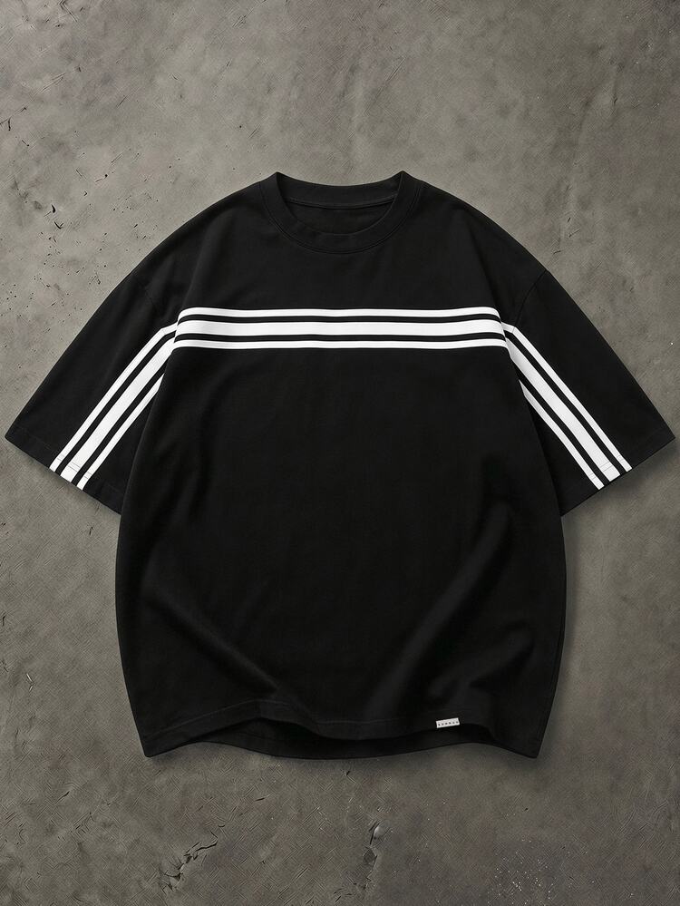 SUMWON Boxy Crew Neck Short Sleeve T-Shirt With Bold White Horizontal Chest Stripes Classic Streetwear Summer Essential Drop Shoulder - Black - View 5