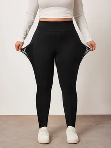 Enliva Plus Size Leggings Formal Workout Black Summer Casual Traditional - Black - View 4