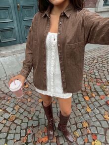 Rivivi 女款純色鈕扣前襟口袋設計水洗牛仔夾克 - 棕色 - 查看 6