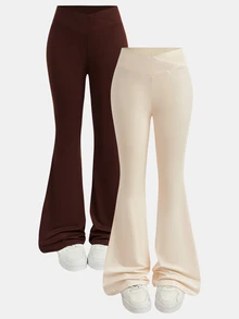 Girlism Teen Girl Teen Girls Leggings Spring/Summer New 2pcs Apricot & Brown Knitted Solid Color All-Match Crotch Flare Pants, 2-Piece Set With Criss-Cross Waist Design Tight Casual Flare Long Pants, Versatile For Home Wear - Multicolor - View 1