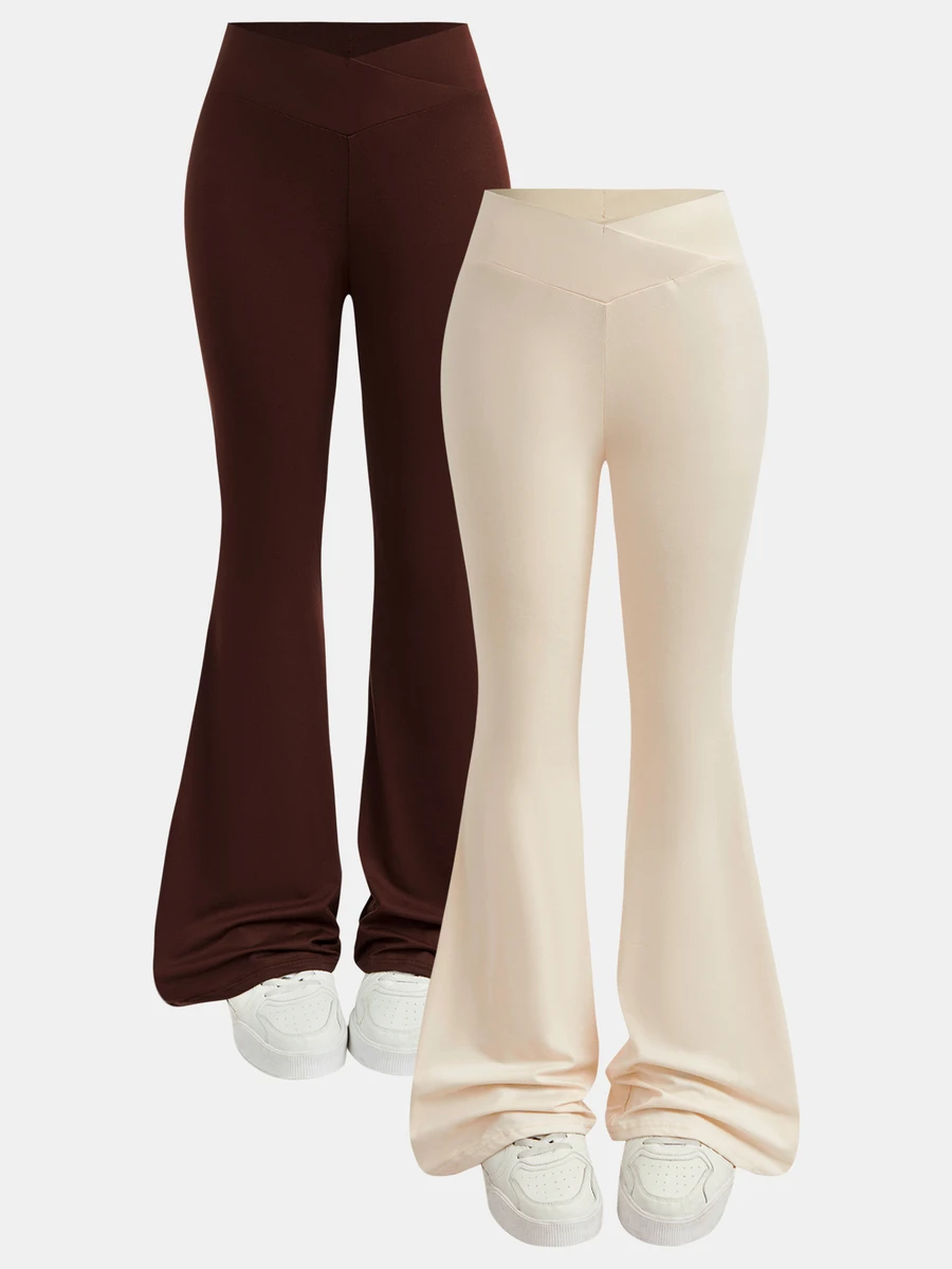Girlism Teen Girl Teen Girls Leggings Spring/Summer New 2pcs Apricot & Brown Knitted Solid Color All-Match Crotch Flare Pants, 2-Piece Set With Criss-Cross Waist Design Tight Casual Flare Long Pants, Versatile For Home Wear - Multicolor - View 1