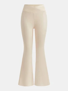 Girlism Teen Girl Teen Girls Leggings Spring/Summer New 2pcs Apricot & Brown Knitted Solid Color All-Match Crotch Flare Pants, 2-Piece Set With Criss-Cross Waist Design Tight Casual Flare Long Pants, Versatile For Home Wear - Multicolor - View 5