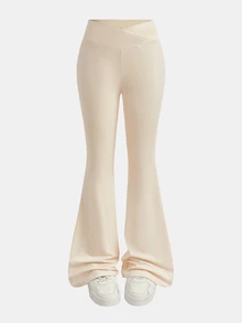 Girlism Teen Girl Teen Girls Leggings Spring/Summer New 2pcs Apricot & Brown Knitted Solid Color All-Match Crotch Flare Pants, 2-Piece Set With Criss-Cross Waist Design Tight Casual Flare Long Pants, Versatile For Home Wear - Multicolor - View 9
