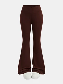 Girlism Teen Girl Teen Girls Leggings Spring/Summer New 2pcs Apricot & Brown Knitted Solid Color All-Match Crotch Flare Pants, 2-Piece Set With Criss-Cross Waist Design Tight Casual Flare Long Pants, Versatile For Home Wear - Multicolor - View 10
