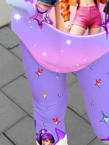 紫色繽紛紮染印花、星星與鑽石夢幻印花圖案，少女休閒短袖T恤與內搭褲2件套裝 - 彩色 - 查看 7
