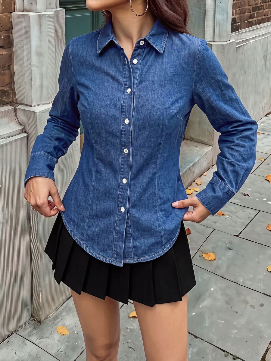 Rivivi 女款休閒水洗牛仔上衣，秋季 - 深色水洗藍 - 查看 1