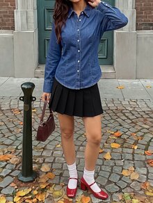Rivivi 女款休閒水洗牛仔上衣，秋季 - 深色水洗藍 - 查看 4
