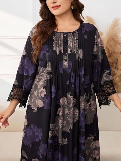 Lacomfia Autumn 3/4 Sleeve Dark Floral Print With Striped Accents And Lace Trim Cuffs Loose Casual Fit Plus Size Long Dress For Women