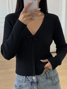 SHEIN 大女孩黑色薄款蝴蝶結針織開襟開衫外套，適合搭配細肩帶洋裝與細肩帶上衣，秋季可愛校園告別穿搭外衣 - 黑色 - 查看 7
