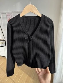 SHEIN 大女孩黑色薄款蝴蝶結針織開襟開衫外套，適合搭配細肩帶洋裝與細肩帶上衣，秋季可愛校園告別穿搭外衣 - 黑色 - 查看 6