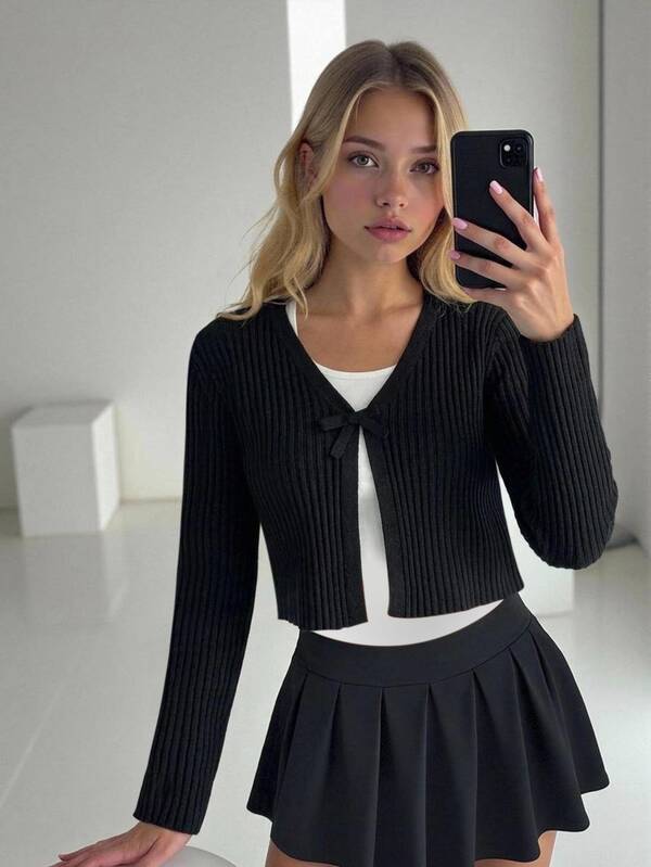 SHEIN Big Girls Black Thin Bow Knit Cardigan, Open-Front Design, Suitable For Matching Camisole Dresses & Camisole Tops, Can Be Worn Alone Or As Outerwear
