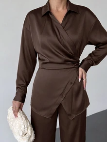 Firerie 女款秋季收腰綁帶襯衫與寬鬆長褲套裝 - 棕色 - 查看 12
