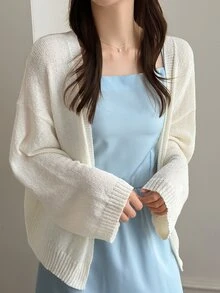 DAZY Solid Color Loose Long Sleeve Casual Vacation Spring Autumn Knit Cardigan For Women - White - View 2
