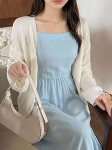 DAZY Solid Color Loose Long Sleeve Casual Vacation Spring Autumn Knit Cardigan For Women - White - View 3