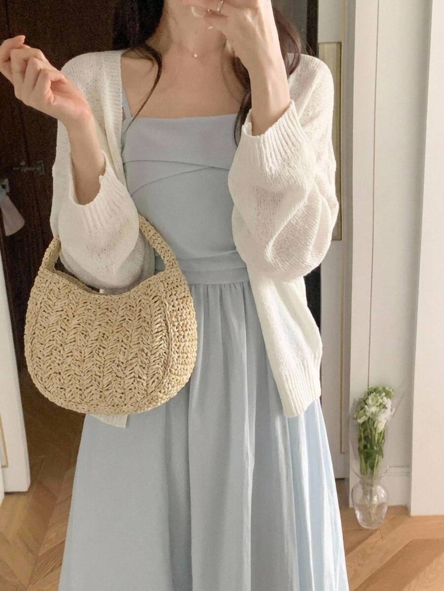DAZY Solid Color Loose Long Sleeve Casual Vacation Spring Autumn Knit Cardigan For Women - White - View 1