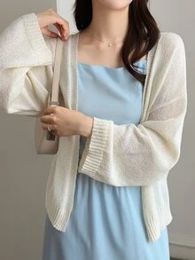 DAZY Solid Color Loose Long Sleeve Casual Vacation Spring Autumn Knit Cardigan For Women - White - View 5