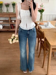 DAZY 女款口袋休閒百搭喇叭牛仔褲 秋季 - 藍色 - 查看 5