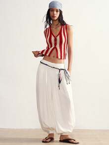 Bohemela Women's Striped Single-Breasted Casual Hollow Knit Vest - Red - View 9