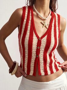 Bohemela Women's Striped Single-Breasted Casual Hollow Knit Vest - Red - View 4
