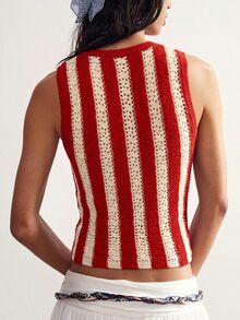 Bohemela Women's Striped Single-Breasted Casual Hollow Knit Vest - Red - View 7