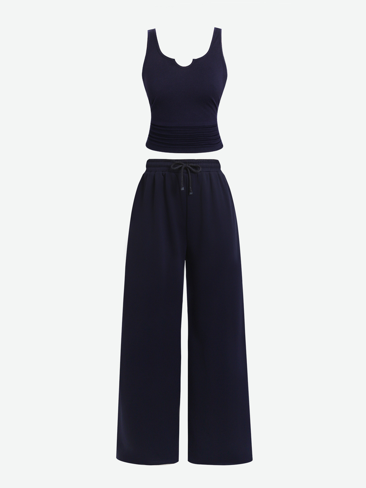 SHEIN Bộ trang phục hằng ngày phong cách streetwear cho bé gái tuổi teen, áo màu trơn phối quần dài lưng dây rút, màu xanh navy, phong cách Bottle Girl, mùa hè, quà sinh nhật - Màu xanh hải quân - Xem 4
